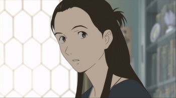 Movie still from “The Girl Who Leapt Through Time” (2006), directed by Mamoru Hosoda – A woman with long black hair is looking at the camera; Close Up shot, Over the shoulder angle