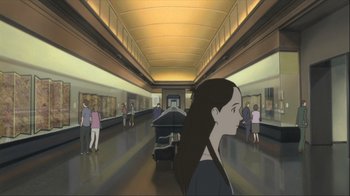 Movie still from “The Girl Who Leapt Through Time” (2006), directed by Mamoru Hosoda – A woman standing in front of an exhibit in a museum; Wide shot, High angle