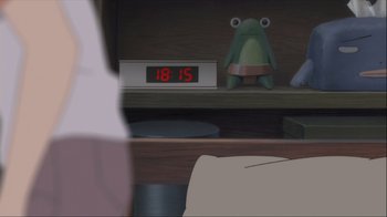 Movie still from “The Girl Who Leapt Through Time” (2006), directed by Mamoru Hosoda – A clock that is sitting on a shelf; Extreme Close Up shot, High angle