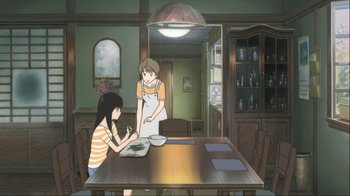 Movie still from “The Girl Who Leapt Through Time” (2006), directed by Mamoru Hosoda – Two people sitting at a dining room table preparing food; Wide shot, High angle