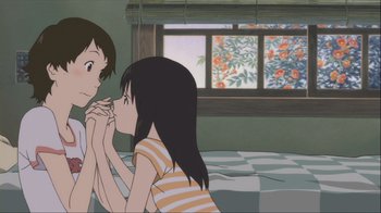 Movie still from “The Girl Who Leapt Through Time” (2006), directed by Mamoru Hosoda – Two people sitting at a table in front of a window; Close Up shot, Low angle