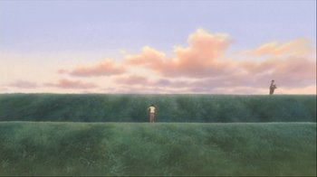 Movie still from “The Girl Who Leapt Through Time” (2006), directed by Mamoru Hosoda – A person standing in a field with a sky background; Extreme Wide shot, High angle