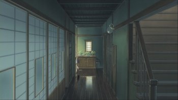 Movie still from “The Girl Who Leapt Through Time” (2006), directed by Mamoru Hosoda – A painting of a hallway with a wooden floor and green walls; Extreme Wide shot, High angle