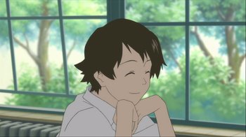 Movie still from “The Girl Who Leapt Through Time” (2006), directed by Mamoru Hosoda – A person sitting in front of a window with their hand on their chin; Close Up shot, Low angle