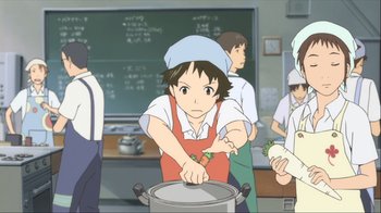 Movie still from “The Girl Who Leapt Through Time” (2006), directed by Mamoru Hosoda – A person in a kitchen with a pot on a pan; Medium shot, Low angle