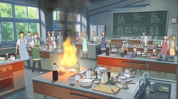 Movie still from “The Girl Who Leapt Through Time” (2006), directed by Mamoru Hosoda – An animation of a kitchen with a fire burning in the background; Extreme Wide shot, High angle