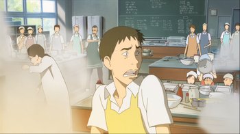 Movie still from “The Girl Who Leapt Through Time” (2006), directed by Mamoru Hosoda – A man in an apron in front of a group of people in a kitchen; Medium shot, Over the shoulder angle