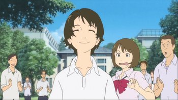 Movie still from “The Girl Who Leapt Through Time” (2006), directed by Mamoru Hosoda – A couple of people standing next to each other on top of a field; Medium shot, Over the shoulder angle