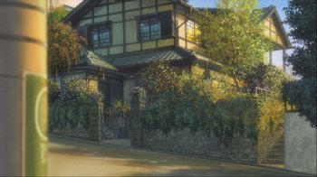 Movie still from “The Girl Who Leapt Through Time” (2006), directed by Mamoru Hosoda – A painting of a house with flowers growing on it's side; Extreme Wide shot, Low angle