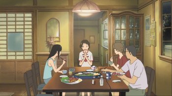 Movie still from “The Girl Who Leapt Through Time” (2006), directed by Mamoru Hosoda – A group of people sitting around a table eating food; Wide shot, High angle