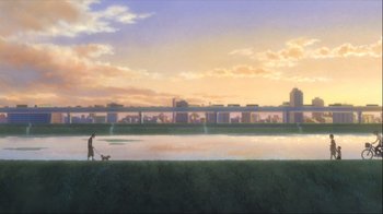 Movie still from “The Girl Who Leapt Through Time” (2006), directed by Mamoru Hosoda – A person walking a dog near a body of water; Extreme Wide shot, High angle