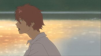 Movie still from “The Girl Who Leapt Through Time” (2006), directed by Mamoru Hosoda – A man standing in front of a body of water; Close Up shot, Over the shoulder angle