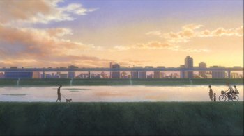 Movie still from “The Girl Who Leapt Through Time” (2006), directed by Mamoru Hosoda – A person walking a dog near a body of water; Extreme Wide shot, High angle