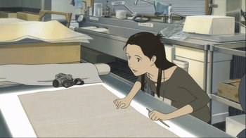 Movie still from “The Girl Who Leapt Through Time” (2006), directed by Mamoru Hosoda – An animated scene of a woman looking at a camera; Medium shot, High angle