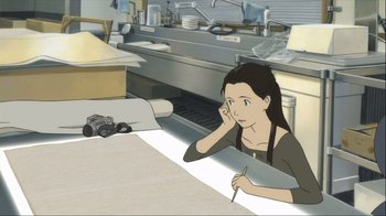 Movie still from “The Girl Who Leapt Through Time” (2006), directed by Mamoru Hosoda – A woman sitting at a table in front of a knife; Medium shot, High angle