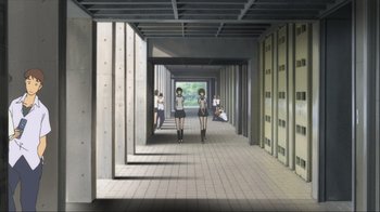 Movie still from “The Girl Who Leapt Through Time” (2006), directed by Mamoru Hosoda – A group of people walking down a walkway; Extreme Wide shot, High angle