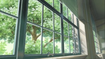 Movie still from “The Girl Who Leapt Through Time” (2006), directed by Mamoru Hosoda – A view of a tree through a window; Extreme Wide shot, Low angle