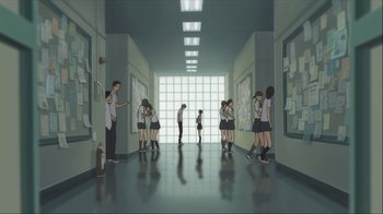 Movie still from “The Girl Who Leapt Through Time” (2006), directed by Mamoru Hosoda – A group of people standing in a room; Wide shot, Over the shoulder angle