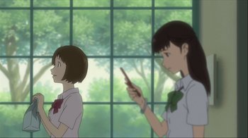 Movie still from “The Girl Who Leapt Through Time” (2006), directed by Mamoru Hosoda – Two women are standing in front of a window; Medium shot, Over the shoulder angle