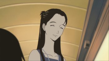 Movie still from “The Girl Who Leapt Through Time” (2006), directed by Mamoru Hosoda – An animated picture of a woman with long black hair; Close Up shot, Low angle