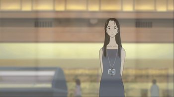 Movie still from “The Girl Who Leapt Through Time” (2006), directed by Mamoru Hosoda – An animated picture of a woman in a blue dress; Medium shot, Low angle