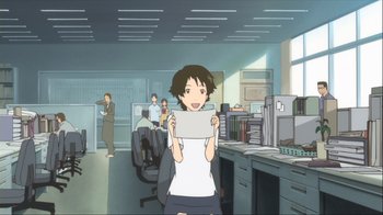 Movie still from “The Girl Who Leapt Through Time” (2006), directed by Mamoru Hosoda – A woman holding a paper in a room filled with cubicles; Wide shot, Over the shoulder angle
