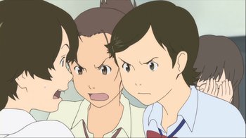 Movie still from “The Girl Who Leapt Through Time” (2006), directed by Mamoru Hosoda – A group of young men standing next to each other; Close Up shot, High angle
