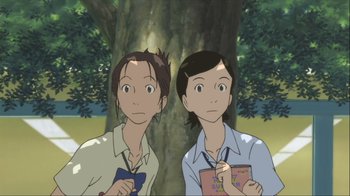Movie still from “The Girl Who Leapt Through Time” (2006), directed by Mamoru Hosoda – A couple of people standing next to a tree; Close Up shot, Low angle