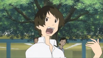Movie still from “The Girl Who Leapt Through Time” (2006), directed by Mamoru Hosoda – A young man with brown hair and a white shirt is looking surprised; Close Up shot, Low angle