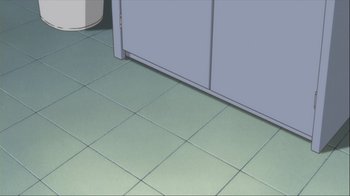 Movie still from “The Girl Who Leapt Through Time” (2006), directed by Mamoru Hosoda – A kitchen floor with a blue tile floor and a white cabinet; Extreme Wide shot, Overhead angle