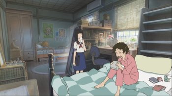 Movie still from “The Girl Who Leapt Through Time” (2006), directed by Mamoru Hosoda – Two people are sitting on a bed in a room; Wide shot, High angle