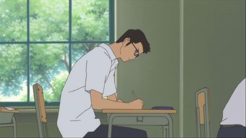 Movie still from “The Girl Who Leapt Through Time” (2006), directed by Mamoru Hosoda – A man sitting at a desk writing on a piece of paper; Medium shot, Low angle