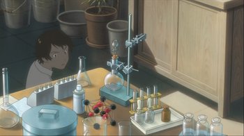 Movie still from “The Girl Who Leapt Through Time” (2006), directed by Mamoru Hosoda – An animated scene of a person in front of a table with a bunch of science equipment; Medium shot, High angle