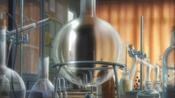 Movie still from “The Girl Who Leapt Through Time” (2006), directed by Mamoru Hosoda – An artistic rendering of a lab with a large glass flask on top of a stand; Extreme Close Up shot, High angle