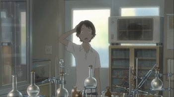 Movie still from “The Girl Who Leapt Through Time” (2006), directed by Mamoru Hosoda – An animated scene of a person in a room; Medium shot, Low angle