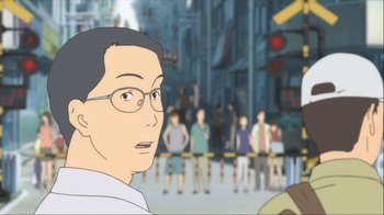 Movie still from “The Girl Who Leapt Through Time” (2006), directed by Mamoru Hosoda – An animated picture of a man with glasses looking at a crowd of people on the street; Close Up shot, Over the shoulder angle