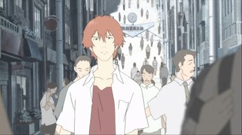 Movie still from “The Girl Who Leapt Through Time” (2006), directed by Mamoru Hosoda – A group of people walking down a street; Medium shot, Low angle
