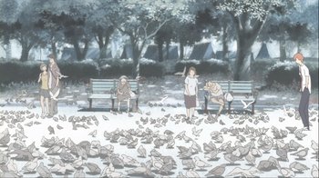 Movie still from “The Girl Who Leapt Through Time” (2006), directed by Mamoru Hosoda – Two people standing on a bench near a flock of pigeons; Wide shot, High angle