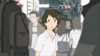 Movie still from “The Girl Who Leapt Through Time” (2006), directed by Mamoru Hosoda – A woman standing in front of a group of people; Close Up shot, Over the shoulder angle