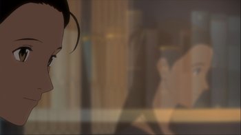 Movie still from “The Girl Who Leapt Through Time” (2006), directed by Mamoru Hosoda – A woman is looking out of a window; Extreme Close Up shot, Over the shoulder angle