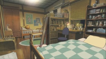Movie still from “The Girl Who Leapt Through Time” (2006), directed by Mamoru Hosoda – An artist's rendering of a room with a checkered table cloth; Wide shot, High angle