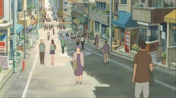 Movie still from “The Girl Who Leapt Through Time” (2006), directed by Mamoru Hosoda – An illustration of people walking down the street; Extreme Wide shot, High angle