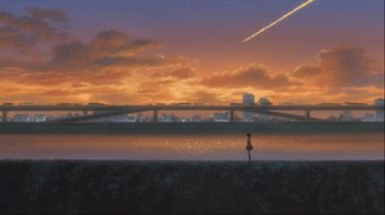 Movie still from “The Girl Who Leapt Through Time” (2006), directed by Mamoru Hosoda – A person standing in the water near a body of water; Extreme Wide shot, Low angle