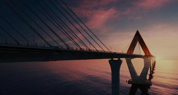 Movie still from “The Girl on the Train” (2016), directed by Tate Taylor – A view of a bridge that is over a body of water at sunset; Extreme Wide shot, Low angle