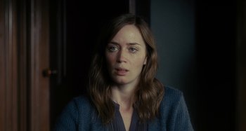 Movie still from “The Girl on the Train” (2016), directed by Tate Taylor – A person with long brown hair; Close Up shot, Over the shoulder angle
