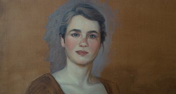 Movie still from “Portrait of a Lady on Fire” (2019), directed by Céline Sciamma – A painting of a young woman in a brown shirt; Close Up shot, High angle