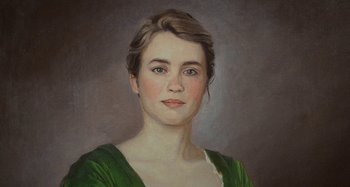 Movie still from “Portrait of a Lady on Fire” (2019), directed by Céline Sciamma – A painting of a woman in a green dress; Close Up shot, High angle