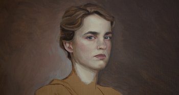 Movie still from “Portrait of a Lady on Fire” (2019), directed by Céline Sciamma – An oil painting of a woman's face in a brown shirt; Close Up shot, High angle
