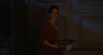 Movie still from “Portrait of a Lady on Fire” (2019), directed by Céline Sciamma – A woman in a brown dress holding a fan in her hands; Medium shot, High angle