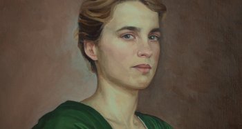 Movie still from “Portrait of a Lady on Fire” (2019), directed by Céline Sciamma – A painting of a woman in a green shirt; Close Up shot, Low angle